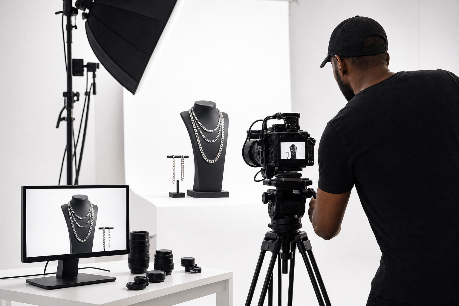 Content creation — product photography of stainless steel necklaces in a white lightbox studio